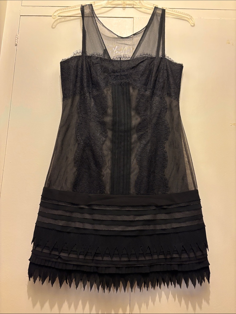 BCBGMaxAzria Black Lace & Mesh Tiered Fringe Dress